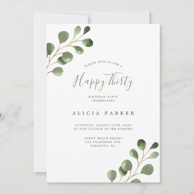 Elegant eucalyptus leaves 30th birthday party invitation (Front)