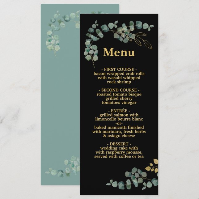 Elegant Eucalyptus Leaves Faux Gold Wedding Menu (Front/Back)