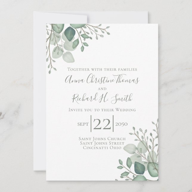 Elegant Eucalyptus Leaves Greenery Foliage Invitation (Front)