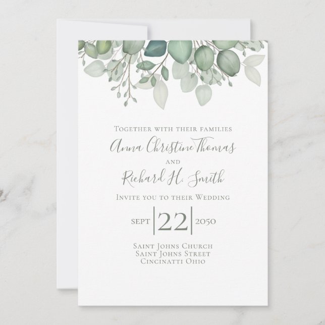 Elegant Eucalyptus Leaves Greenery Foliage Invitation (Front)