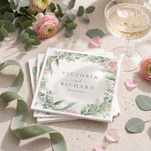 Elegant Eucalyptus Leaves Greenery Gold Wedding Napkin