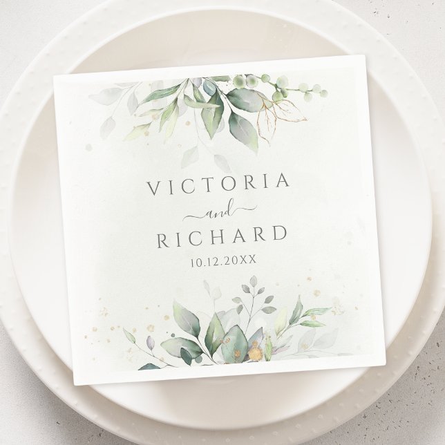 Elegant Eucalyptus Leaves Greenery Gold Wedding Napkin (Creator Uploaded)