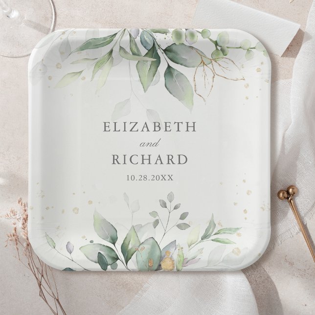 Elegant Eucalyptus Leaves Greenery Gold Wedding Paper Plate (Creator Uploaded)