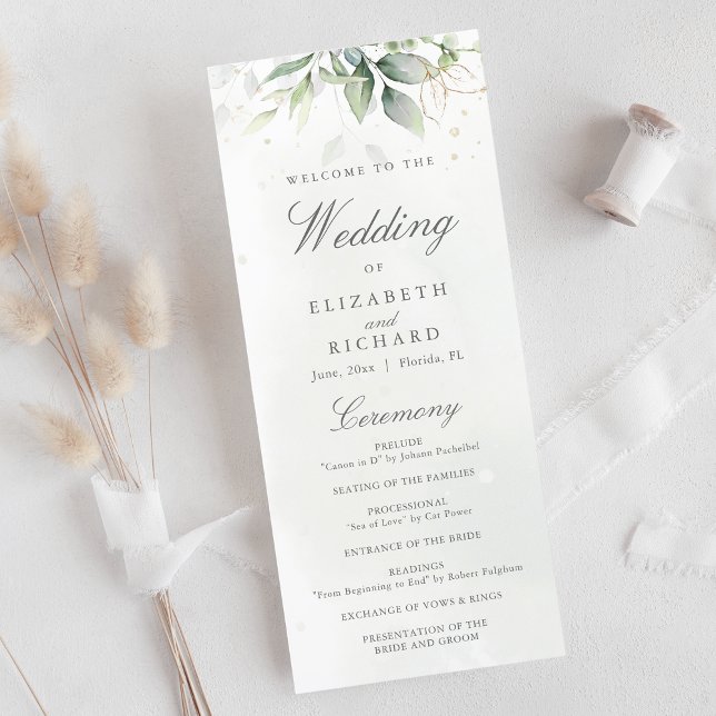 Elegant Eucalyptus Leaves Greenery Gold Wedding Programme (Creator Uploaded)