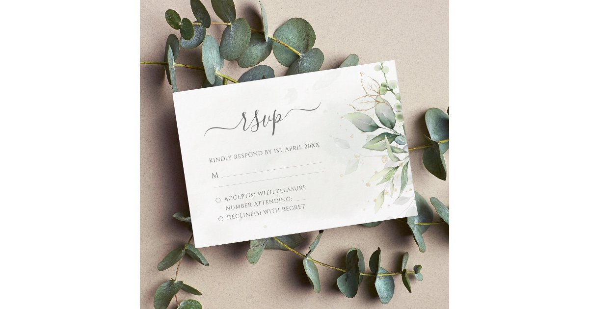 Elegant Eucalyptus Leaves Greenery Gold Wedding RSVP Card | Zazzle