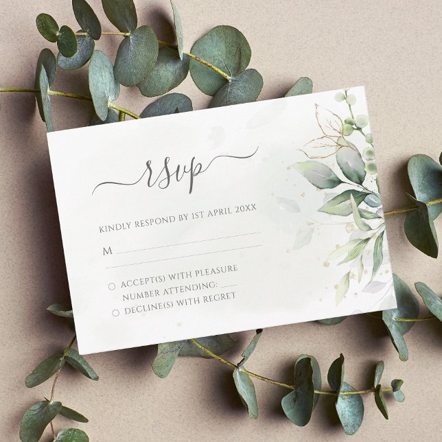 Elegant Eucalyptus Leaves Greenery Gold Wedding RSVP Card (Creator Uploaded)