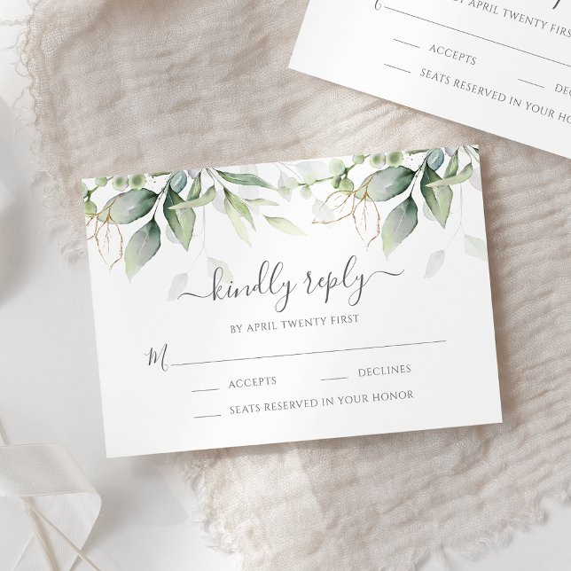 Elegant Eucalyptus Leaves Greenery Gold Wedding RSVP Card (Creator Uploaded)