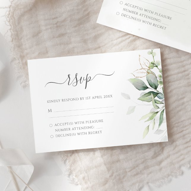 Elegant Eucalyptus Leaves Greenery Gold Wedding RSVP Card (Creator Uploaded)
