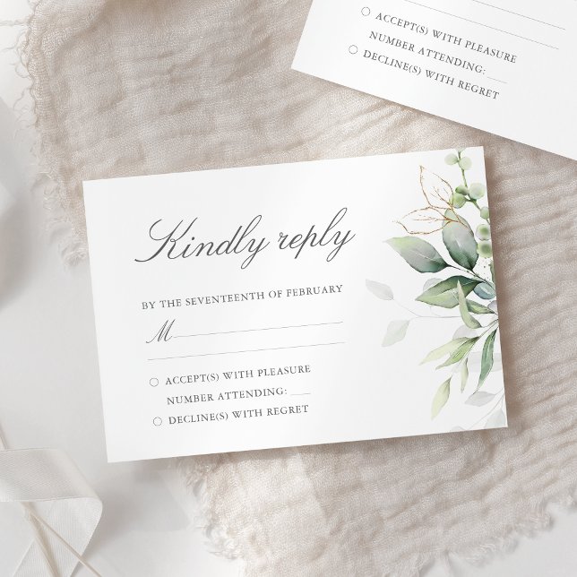 Elegant Eucalyptus Leaves Greenery Gold Wedding RSVP Card (Creator Uploaded)