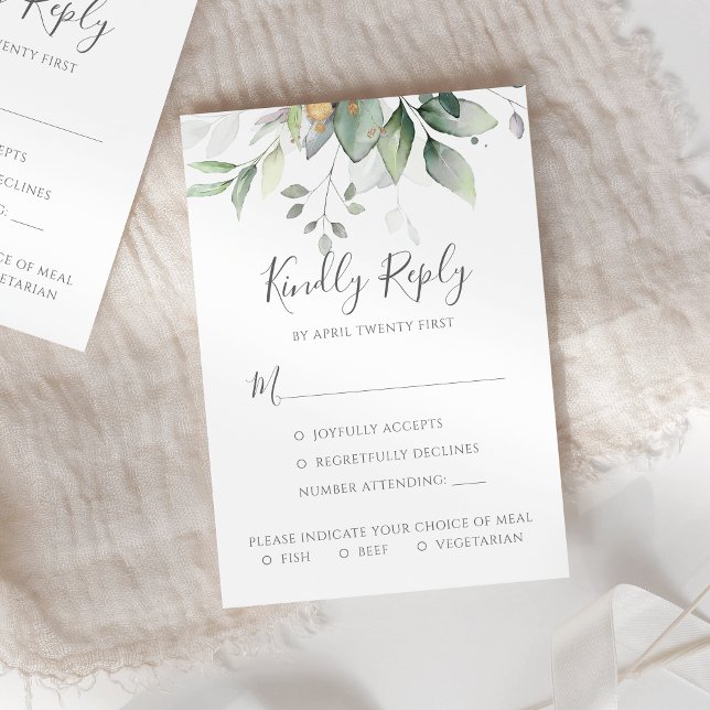 Elegant Eucalyptus Leaves Greenery Gold Wedding RSVP Card (Creator Uploaded)