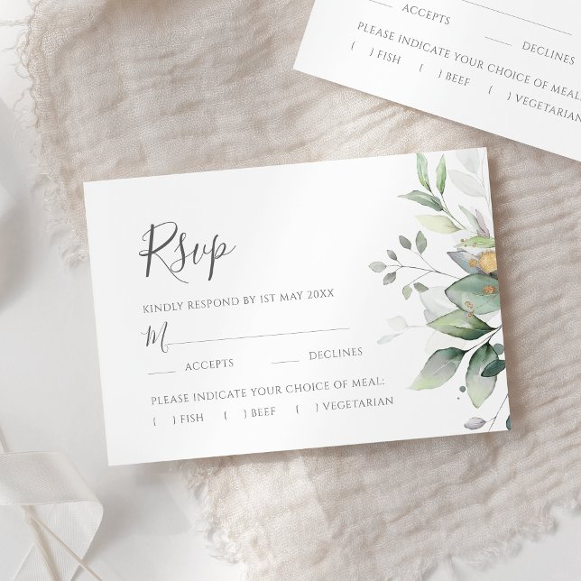 Elegant Eucalyptus Leaves Greenery Gold Wedding RSVP Card (Creator Uploaded)