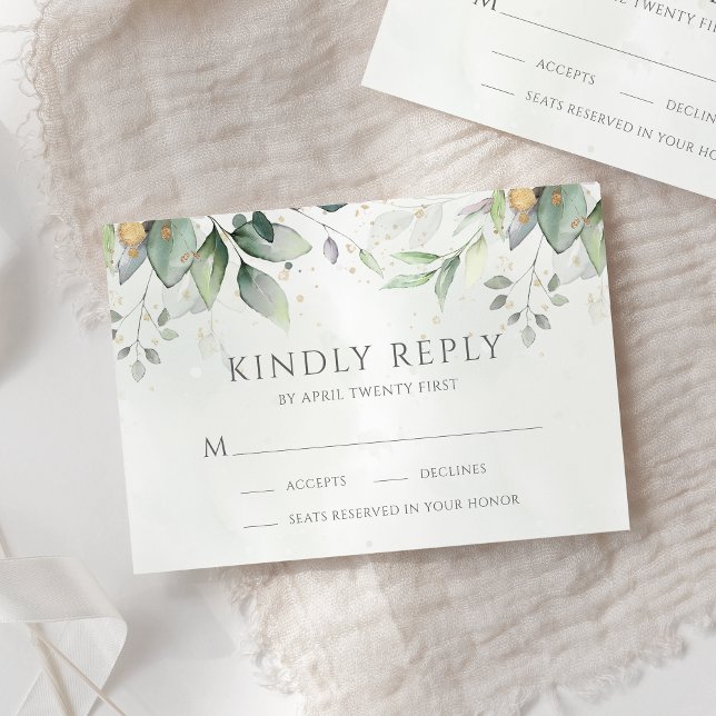 Elegant Eucalyptus Leaves Greenery Gold Wedding RSVP Card (Creator Uploaded)