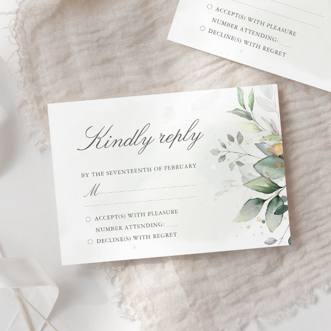 Elegant Eucalyptus Leaves Greenery Gold Wedding RSVP Card (Creator Uploaded)