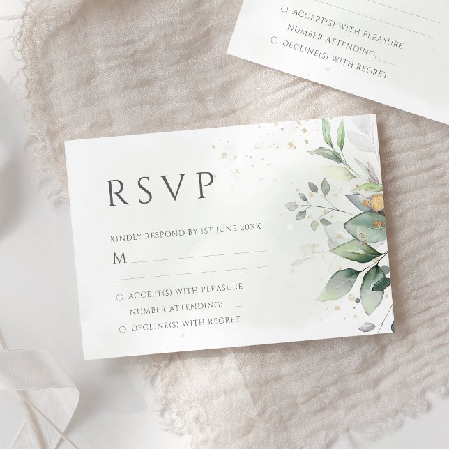 Elegant Eucalyptus Leaves Greenery Gold Wedding RSVP Card (Creator Uploaded)