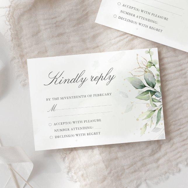 Elegant Eucalyptus Leaves Greenery Gold Wedding RSVP Card (Creator Uploaded)
