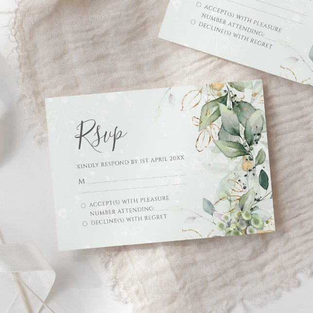Elegant Eucalyptus Leaves Greenery Gold Wedding RSVP Card (Creator Uploaded)