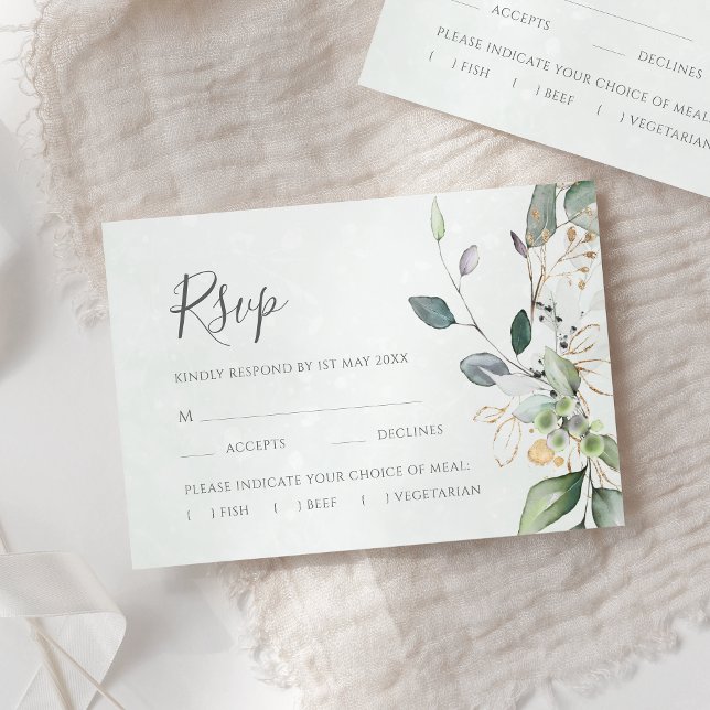 Elegant Eucalyptus Leaves Greenery Gold Wedding RSVP Card (Creator Uploaded)