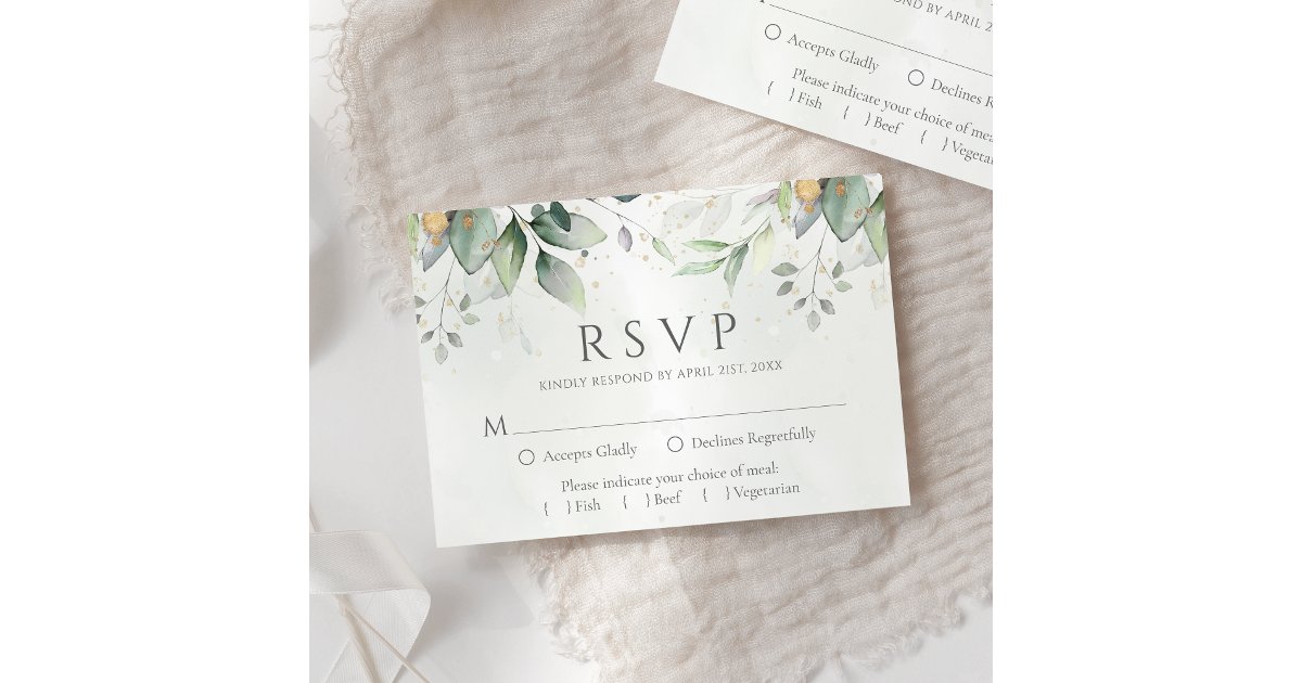 Elegant Eucalyptus Leaves Greenery Gold Wedding RSVP Card | Zazzle