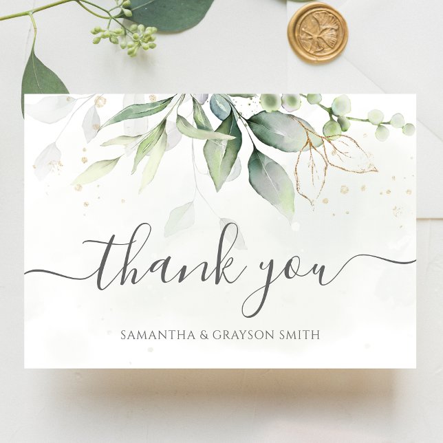 Elegant Eucalyptus Leaves Greenery Gold Wedding Thank You Card (Creator Uploaded)