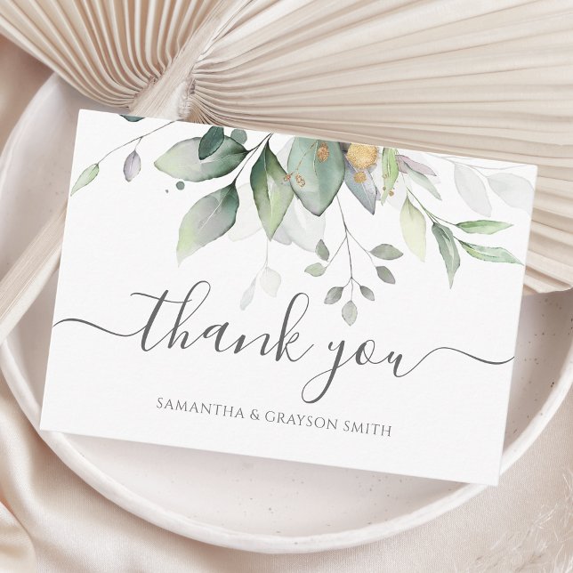 Elegant Eucalyptus Leaves Greenery Gold Wedding Thank You Card (Creator Uploaded)