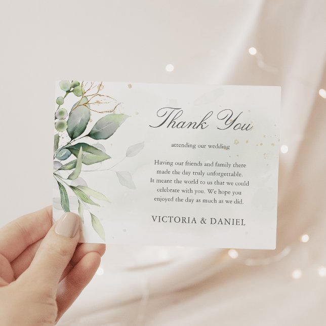 Elegant Eucalyptus Leaves Greenery Gold Wedding Thank You Card (Creator Uploaded)