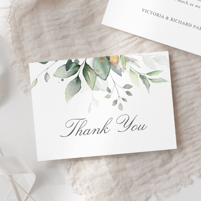 Elegant Eucalyptus Leaves Greenery Gold Wedding Thank You Card (Creator Uploaded)