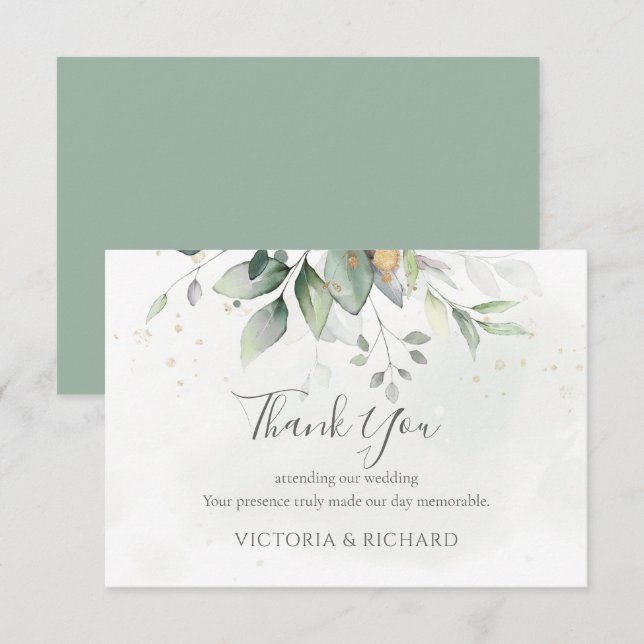 Elegant Eucalyptus Leaves Greenery Gold Wedding Thank You Card (Front/Back)