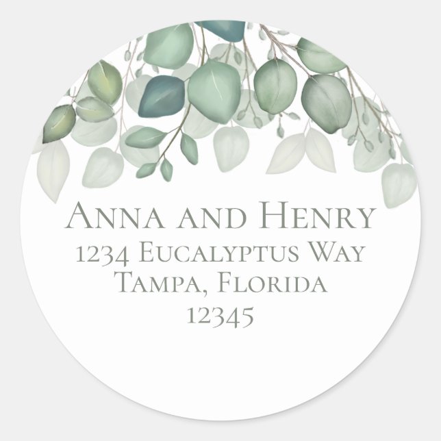Elegant Eucalyptus Leaves Greenery Return Address Classic Round Sticker (Front)