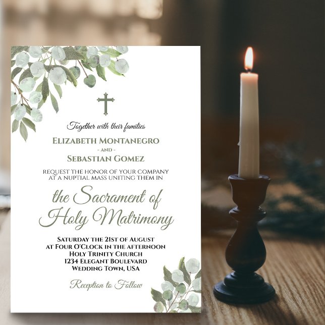Elegant Eucalyptus Leaves Modern Catholic Wedding Invitation (Creator Uploaded)