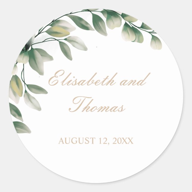 Elegant eucalyptus leaves modern wedding  classic round sticker (Front)