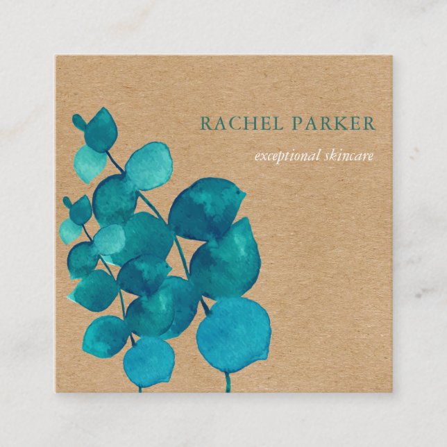 Elegant Eucalyptus Leaves Rustic Kraft Square Business Card (Front)