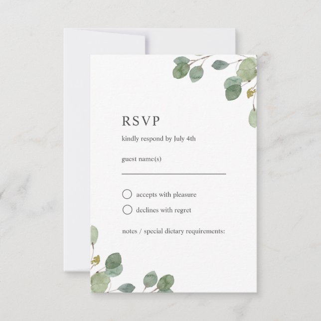 Elegant Eucalyptus Leaves Watercolor Wedding RSVP Card (Front)