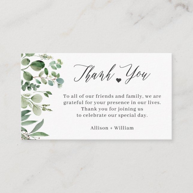 Elegant Eucalyptus Leaves Wedding Table Thank You Enclosure Card (Front)