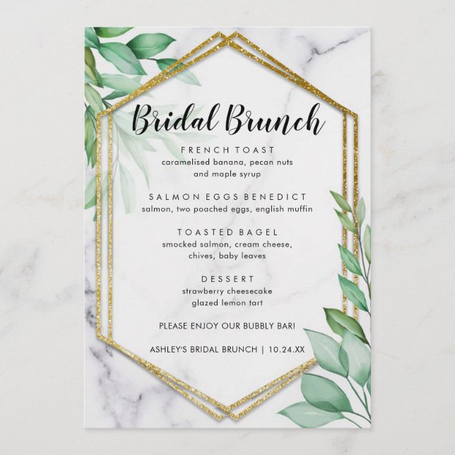 Elegant Eucalyptus Marble Bridal Brunch Menu (Front)