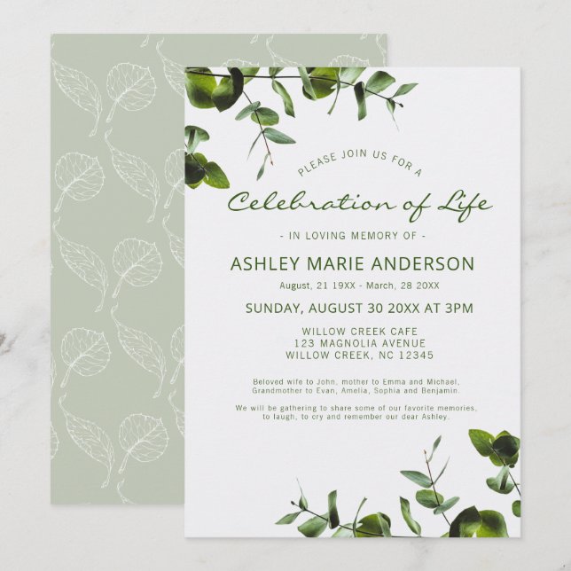 Elegant Eucalyptus Memorial Celebration Of Life Invitation (Front/Back)