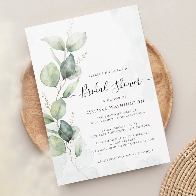 Elegant Eucalyptus Minimalist Bridal Shower Invitation (Eucalyptus Greenery Script Watercolor Bridal Shower Invitation)