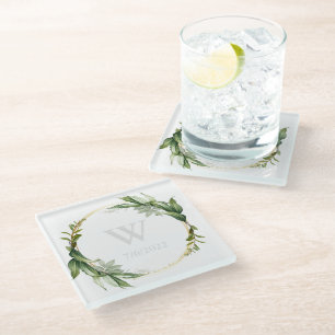 Elegant Eucalyptus Monogram Glass Coaster