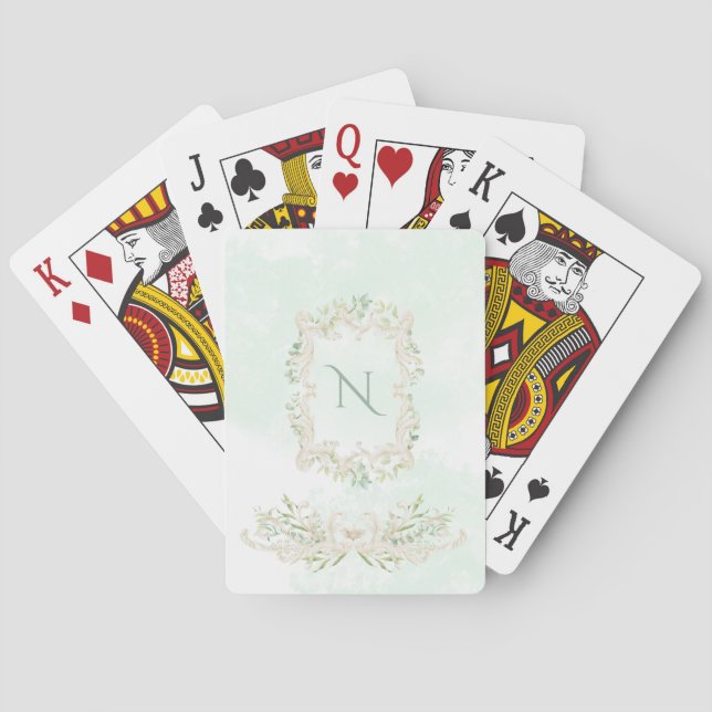 Elegant Eucalyptus Monogram Green Ivory Frame Playing Cards (Back)