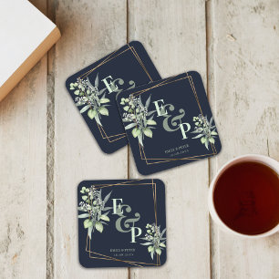 Elegant Eucalyptus Monogram Greenery Wedding Party Square Paper Coaster