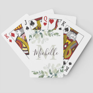 Elegant Eucalyptus Monogram Script Name  Playing Cards