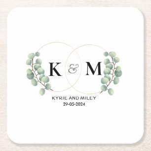 elegant eucalyptus monogram wedding square paper coaster