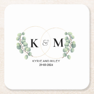 elegant eucalyptus monogram wedding square paper coaster