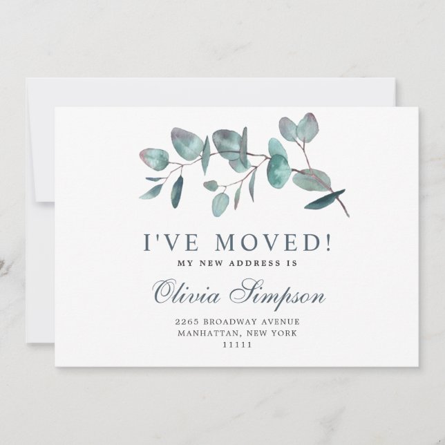 Elegant Eucalyptus Moving Announcement Cards (Front)