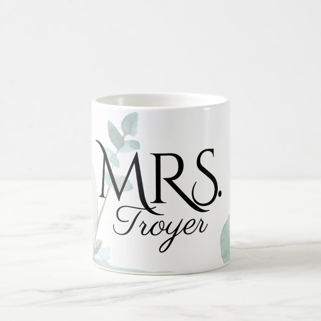 Elegant Eucalyptus Mrs. Bride Custom Wedding Coffee Mug (Center)
