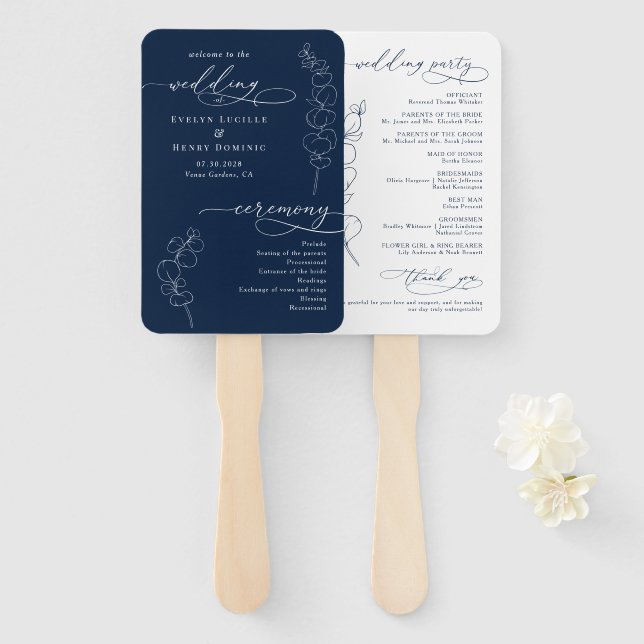 Elegant Eucalyptus Navy Blue Wedding Program Hand Fan (Front and Back)