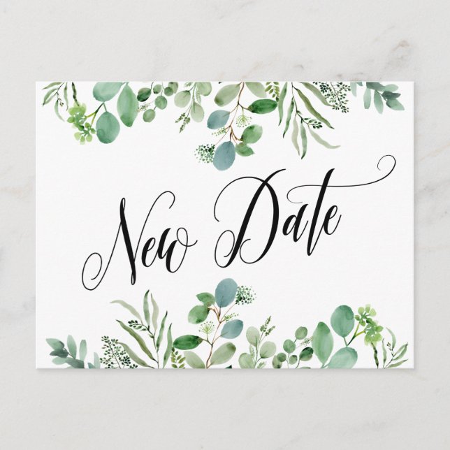 Elegant Eucalyptus New Date Postponed Wedding Postcard (Front)