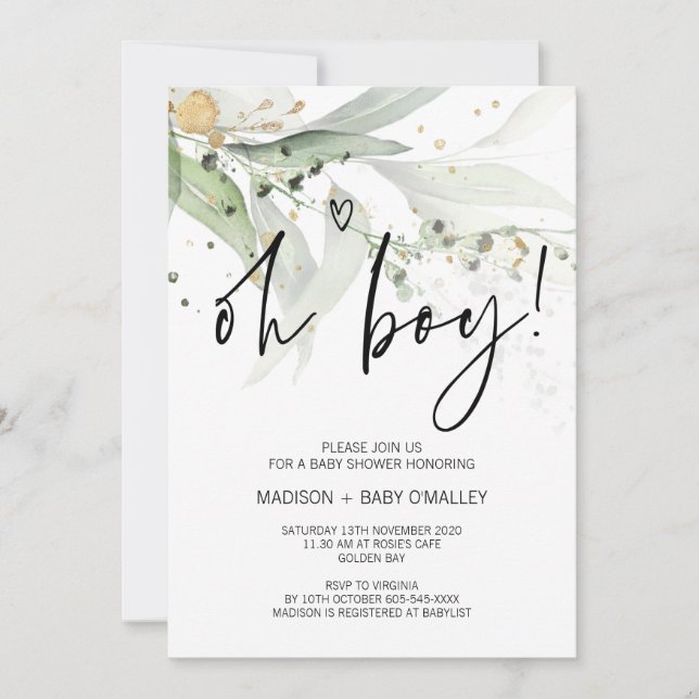 Elegant Eucalyptus Oh Boy Baby Shower Party Invitation (Front)