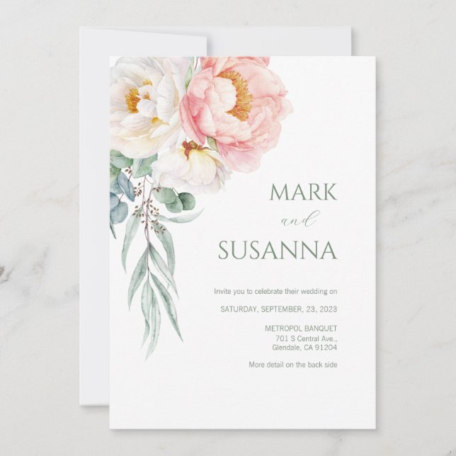 Elegant Eucalyptus Peonies Wedding Invitation (Front)