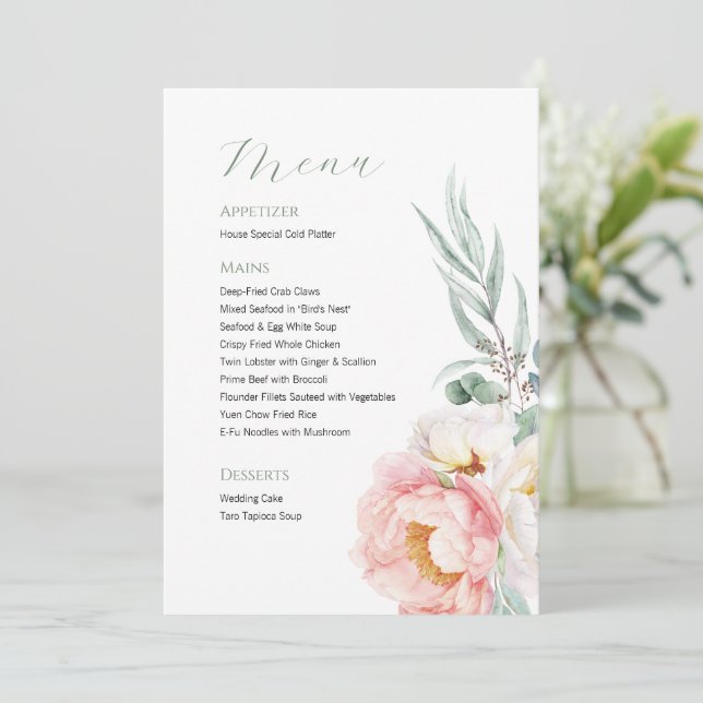 Elegant Eucalyptus Peonies Wedding Menu (Standing Front)