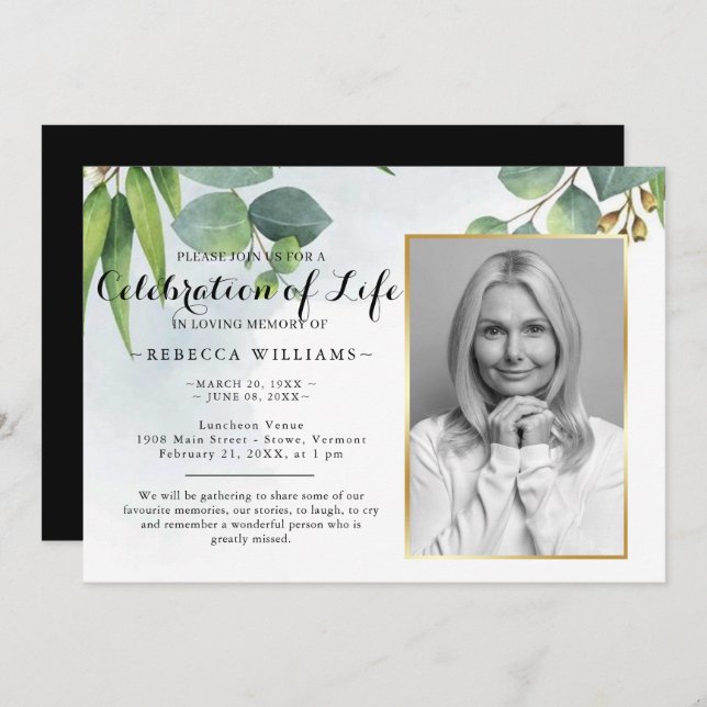 Elegant Eucalyptus Photo Celebration of life Invitation (Front/Back)